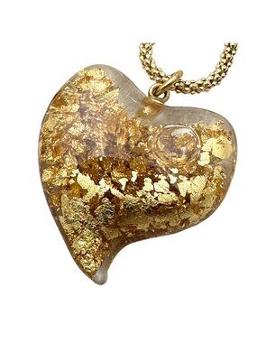 Vintage Witches Heart 24K Floating Gold Flake Glass Heart Pendant Necklace